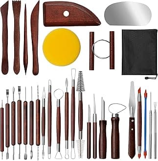 Amrules Clay Tools Kit, 31 PCS Red Pottery Tools, Practical Polymer Clay Sculpting Tools Kit, Air Dry Clay Tools Set for Adults, Pottery Craft, Dotting, Carving, Drawing, Molding, Modeling, Shaping