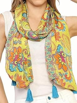 - KE KANHA EXPORT Women Scarf|Stole For Women|Scarf For Women Stylish|Stall For Women|Border Print Face Cover Head Wrap|Boho|Beach|Multicolor|180x50cm|Pack Of 1
