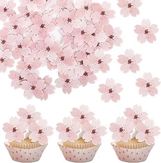 40 Pack Edible Cherry Blossom Cake Toppers Cherry Flowers Cupcake Toppers Rice Paper Wafer Paper Cake Picks for Cherry Blossom Theme Baby Shower Bridal Shower Kids Birthday Cake Decorations Pink