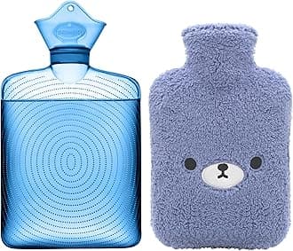 Hot Water Bottle with Cute Fleece Cover, Hot Water Bag for Hot and Cold Compress, Hand Feet Warmer, Neck and Shoulder Pain Relief, Navy Blue Bear