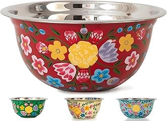 Large Hand Painted Stainless Steel Fruit Bowl - Decorative Floral Salad Mixing and Serving Bowl - Traditional Kashmiri Art for Home Decor (Red)