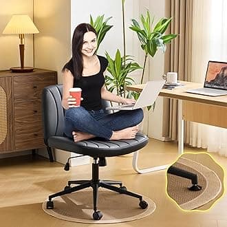 VINGLI Criss Cross Legged Chair,Wide Comfy Office Desk Chair,Dual-Use with/no Wheels Computer Task Chair,Swivel Armless Vanity Rolling Chair for Study,Make Up,Home Office,Cat Scratch PU Leather,Black
