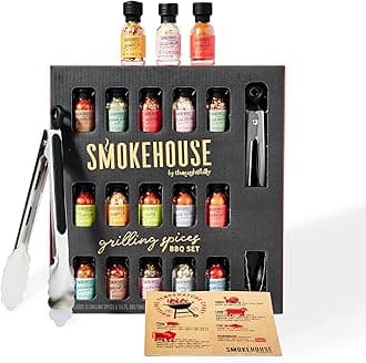 Smokehouse by Thoughtfully, Grilling Spices BBQ Set, Includes BBQ Tongs, Magnet and 15 Flavorful Seasoning and Rubs - Great Gift for Holiday, Men, Dad, Husband