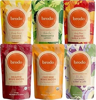 Brodo Broth Variety Pack | 1 Chicken, 1 Hearth, 1 Deeply Rooted, 1 Spicy Nonna, 1 Tom Yum, 1 Tuscan Sun Single Serving Pouches | Not Made From Concentrate, No Preservatives (6x 8.3 oz Pouches)
