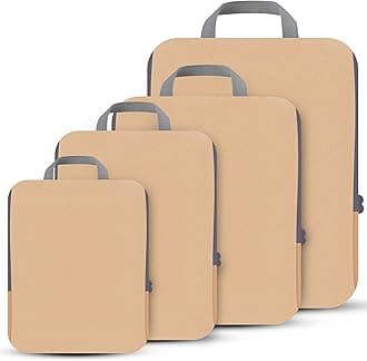 4 Set Compression Packing Cubes Travel - Travel Accessories Expandable Packing Organizers for Carry On - Essentials Luggage Bags - Brown