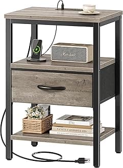 SUPERJARENightstand with Charging Station, Bed Side Table with Adjustable Fabric Drawer, Night Stand for Bedroom, 3-Tier Storage End Table, for Living Room, Oak