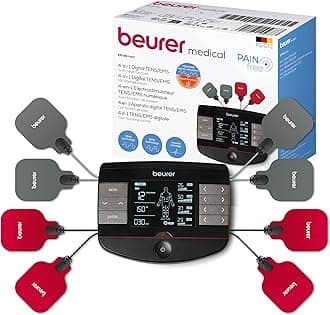 Beurer EM 89 Digital TENS/EMS Device with Heat Function, 4-in-1 Function for Pain Therapy, Muscle Stimulation, Massage and Heat Therapy, 4 Separately Adjustable Channels, 8 Electrodes & Battery