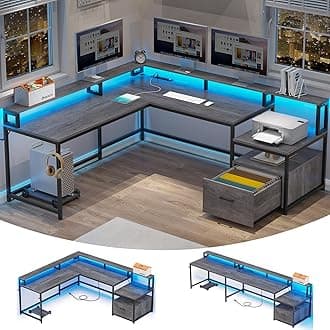 L Shaped Desk, 66" Home Office Desk with Wood File Drawer & Power Outlet, Gaming Desk with Led Lights, Corner Computer Desk with Monitor Shelf, Printer Storage Shelves, Two Person Desk, Grey