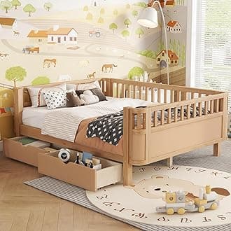 Full Size Kids Bed Frame, Low Profile Montessori Bed Full with Rails, Wood Daybed with Storage Drawer for Girls & Boys, No Spring Box Required, No Squeaks, Natural