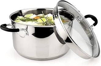 Stainless Steel Stockpot with Glass Strainer Lid, 6 Quart Stock Pot, Soup & Saucepan Cookware, Side Spouts, Multipurpose, Induction Pan, (5-Ply Capsule Bottom, 6QT)