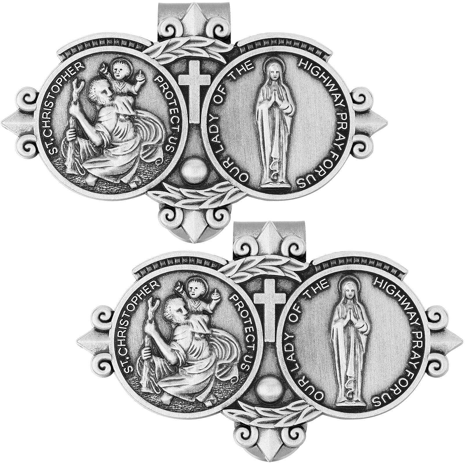 St Christopher Medal for Car St Christopher Catholic Visor Clip for Car Our Lady of The Highway Visor Clip Silver Car Driver Visor Clips Saint Christoper Clips for Cars Driving Decorations(2 Pieces)