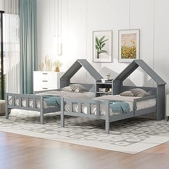 LUMISOL Double Twin Bed Frames for Kids, Wooden House Bed Frame with Nightstand for 2 Kids, No Box Spring Needed, Easy Assembly, Grey