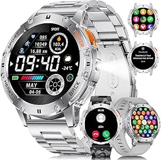 LIGE Military Smart Watches for Men(Answer/Make Calls) with LED Flashlight,530mAh Large Battery,1.43’’ AMOLED 5ATM Waterproof Smartwatch for Android iOS,100+Sport Modes,Sliver