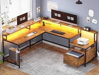 SEDETA L Shaped Office Desk, 66" Corner L Shaped Computer Desk with File Drawer & Power Outlet for Home Office, Gaming Table with Led Lights, Monitor Shelf, Printer Storage Shelves, Rustic Brown