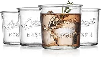 Glaver's Embossed Vintage Drinking Glasses Set of 4 Authentic Mason Vintage Glassware - 12 oz. Clear Glass Tumblers for Cocktails, Water, and Juice.