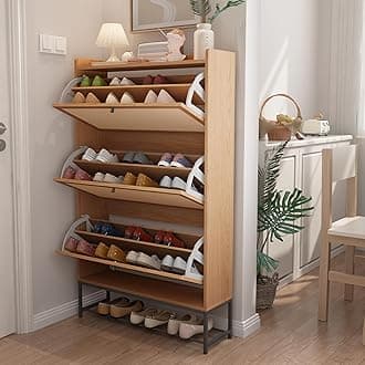 AVZEAR Narrow Shoe Storage Cabinet with 3 Flip Drawers, Freestanding Shoe Organizer Wooden Closed Shoe Rack, Slim Shoe Cabinet Storage for Entryway, Hallway, Living Room (Natural)