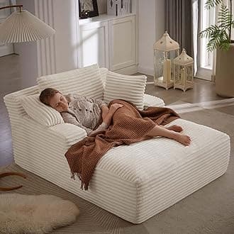 GNIXUU Oversized Chaise Lounge Chair Indoor, Comfy Corduroy Boneless Couch Reading Chair with 3 Pillows, Plush Memory Foam Sleeper Chair Lounge Sofa Bed for Living Room, Beige, No Assembly Required