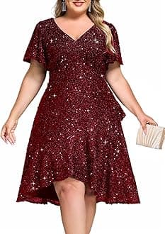 Ever-Pretty Plus Women's Formal Eveing Dress V Neck A-line High Low Sequin Plus Size Christmas Cocktail Party Dresses