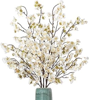 4 Pcs Artificial Cherry Blossom Flower Branches, Bulk Silk Faux Flowers Real Touch Bouquet for Home Wedding Party Centerpieces Spring Summer Decor, Vase Not Included (White)