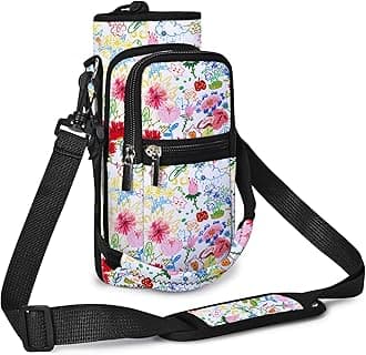 AUPET Water Bottle Sling Bag Sleeve Holder Carrier 25/32/40/64 oz,Insulated Crossbody Water Bottle Case Cover with Strap and Pockets for Men/Women Walking Hiking (Doodle-Style Flower, 32oz)