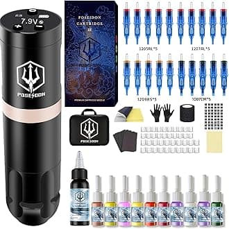 POSEIDON Wireless Tattoo Pen Kit - Professional Cordless Tattoo Gun with 1500mAh Battery, 20 Cartridge Needles & Smart OLED Display | Japanese Coreless Motor | Complete Starter Supplies (PK-HM124)