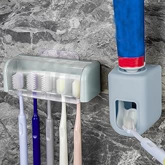 5 Slots Wall Mount Toothbrush Holder with Cover, Self Adhesive Toothbrush Storage Organizer for Shower, Toothbrush Hanger with Automatic Toothpaste Squeezer Dispenser (Blue)