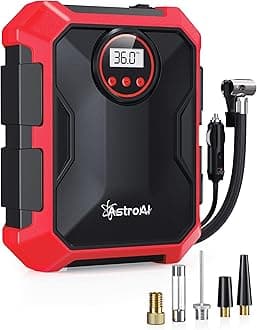AstroAI Tyre Inflator 12V DC Portable Air Compressor Auto Tyre Pump 100PSI with LED Light Digital Air Pump for Car Tyres Bicycles Other Inflatables（Red）