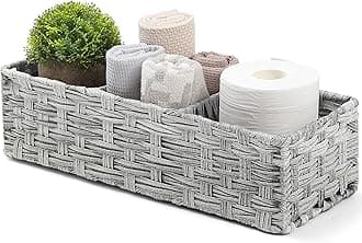 [Larger Compartments] Toilet Tank Topper Paper Basket - Multiuse Hand Woven Plastic Wicker Basket with Divider for Organizing, Rustic Farmhouse Bathroom Decor, Countertop Organizer Storage, Gray Wash
