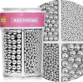 Silver Sprinkles, Edible Pearls for Cake Decorating, 7.8oz Sugar Candy Pearls for Baking, Cookie Decorations & Cupcake Topper, Wedding Shower Party Christmas Supplies (Silver, 4 Sizes Mix)
