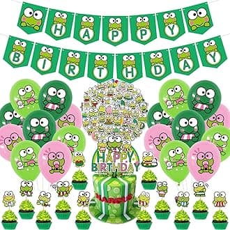 Keroppi Birthday Party Decorations, 83pcs Keroppi Frog Party Supplies with Happy Birthday banner, Cupcake Toppers, Balloons and Stickers for Big-Eyed Frog Theme Kids Birthday Shower Party