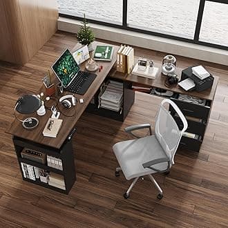 L Shaped Standing Desk with Drawers and Storage Shelves, 63 Inch Electric Adjustable Height Desk, Executive Corner Desk, 3 Memory Height Presets, Deep Brown and Black 63”W x 63”D x 28.9-45.3”H