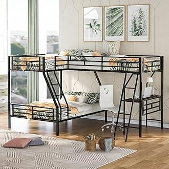 SOFTSEA L-Shaped Triple Bunk Bed Adults with Desk, Twin Over Full Metal Bunk Bed with Desk, Heavy-Duty Metal Bunk Beds with Guardrails and 2 Ladders for 3 People, Noise-Free, Black