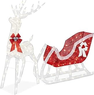 Best Choice Products XL Lighted Christmas 5ft Reindeer & Sleigh Holiday Outdoor Yard Decoration Set w/ 265 LED Lights, Stakes, Zip Ties - White