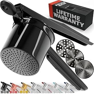 PriorityChef Large 15oz Potato Ricer With 3 Discs, Heavy Duty Stainless Steel Potato Ricer for Mashed Potatoes, Potato Masher, Press and Ricer Kitchen Tool, All Black