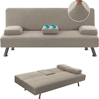 4 Pieces Stretch Futon Covers Sofa Bed Slipcover with Removable Armrests and Cupholders Covers Furniture Protector High Spandex Small Checks Jacquard Fabric, Taupe