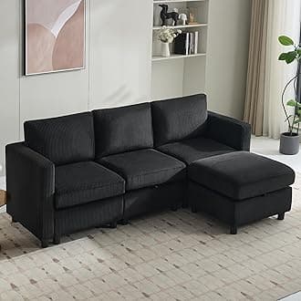 83”L-Shaped Modular Sectional Sofa with Storage & Movable Ottoman, Convertible 4-Seat Reversible Chaise Corduroy Couch for Living Room, Breathable Black Fabric, Modern Design