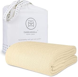 Luxury Cotton Blankets for Queen Size Bed | All-Season 100% Cotton Queen Size Blanket | Herringbone Cozy, Soft Breathable Fall Thermal Blanket fits Full Size Bed | Vanilla Cream