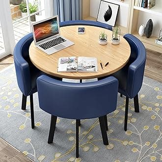 Round Kitchen Dining Table Set for 4, Space Saving Table and Chairs Set with Thick Tabletop 4 Upholstered Chairs, Dinning Room Modern Casual Coffee Table Set(D 31.5inch/80cm, PU Deep Blue)