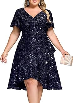 Ever-Pretty Plus Women's Formal Eveing Dress V Neck A-line High Low Sequin Plus Size Christmas Cocktail Party Dresses
