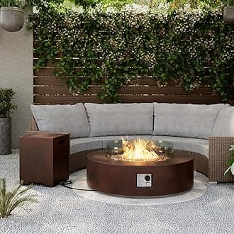 SUNBURY Outdoor Propane Fire Pit,Dark Brown Patio Fire Table 50000 BTU w 20 Gallon Tank Cover, Glass Wind Guard, Waterproof Cover
