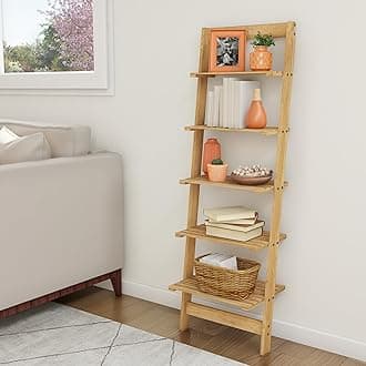 Lavish Home 5-Tier Ladder Shelf - 50-Inch Narrow Leaning Bookshelf - Wooden Bookcase for Living Room, Bathroom, Kitchen, Office, or Bedroom Furniture (Oak)