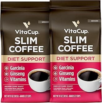 VitaCup Slim Ground Coffee, Diet Support with Ginseng, Garcinia, B Vitamins, Medium Dark Roast, Bold and Smooth,100% Arabica Specialty Coffee Grounds, 2 bags, 11oz each