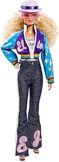 Barbie Elton John Collector Doll (12-inch, Curly Blonde Hair) in Bomber Jacket and Flared Denim, with Doll Stand and Certificate of Authenticity