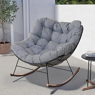 Grand Patio Rocking Chair Outdoor E-Coating Papasan Rocking Chair with Cushion Outdoor Oversized Recliner Locker Patio Pouch for Garden Backyard Gray
