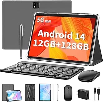 Android Tablet with Keyboard, Android 14 Tablet, 12(6+6) GB+128GB, 1TB Expand, 2 in 1, Mouse, Stylus, 8000mAh Battery, 2.4G/5G WiFi, GPS, Silver Case