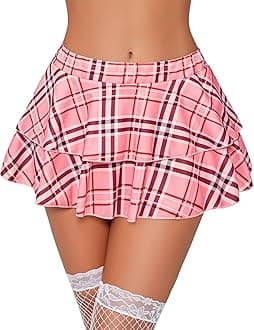 Womens Pleated Mini Skirt Solid Ruffle Lingerie Skirts Layered Y2K Plaid Outfit for Schoolgirl Role Play XS-4XL