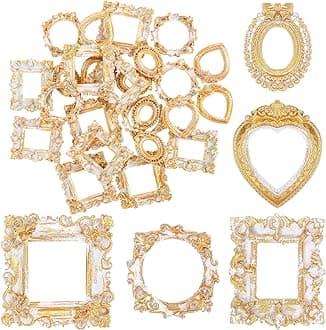 Vicenpal 25 Pcs Vintage Mini Picture Frames Baroque Antique Small Resin Jewelry Display Table Frame for Christmas DIY Photo Holiday Party Decoration (White Gold)