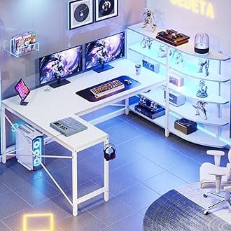 SEDETA White Corner Desk, 62.6" U Shaped Computer Desk with LED Lights, Corner Computer Desk with Storage Shelves and Hooks for Home Office