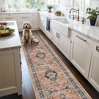 Hallway Washable Runner Rug - 2'6x14 Kitchen Rugs Entryway Rug Runner Vintage Soft Floor Mat Non Slip Indoor Farmhouse Carpet for Bathroom Living Room Bedroom (2'6''x14', Orange)