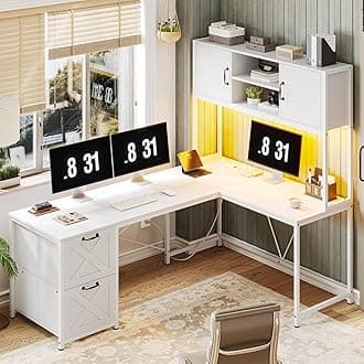 SEDETA White L Shaped Office Desk, Farmhouse Home Office Desk with Fabric File Drawers and Power Outlet, Corner Gaming Desk with LED Lights, Hutch and Storage Shelves